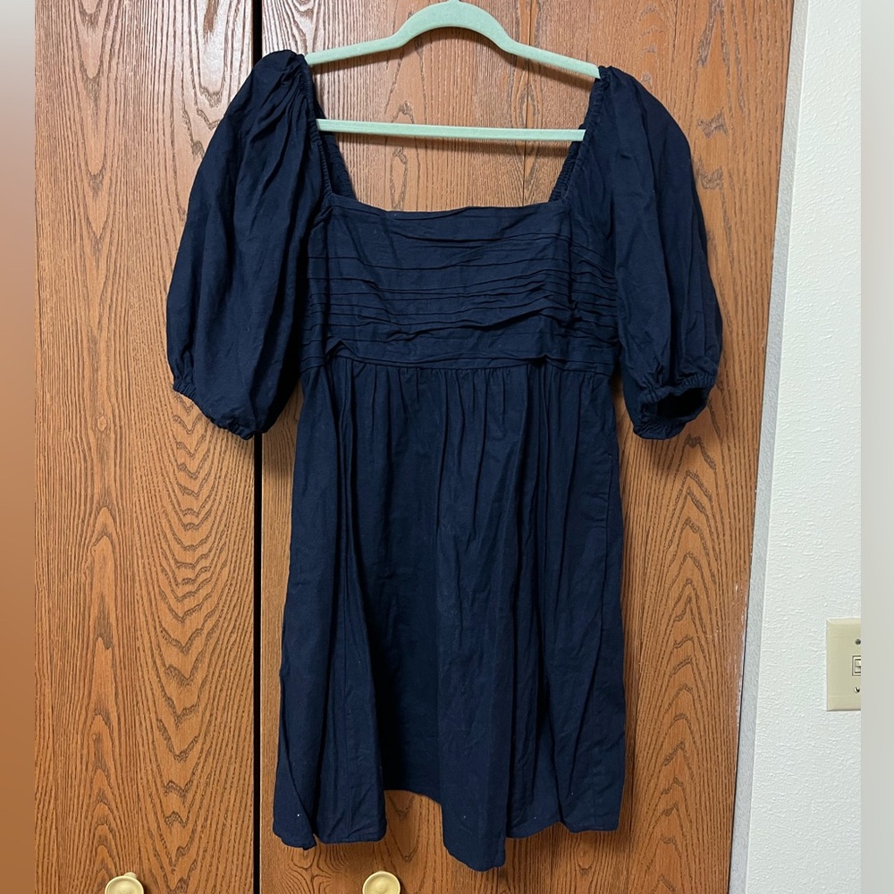The A&F Emerson Linen-Blend Puff Sleeve Mini Dress Navy Size Large Tall - Picture 4 of 15